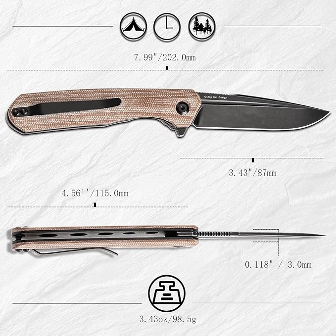 KANSEPT Qilin Pocket Knife, 3.24'' Blackwash 154CM Sharp Blade, Brown Micarta Handle for Edc