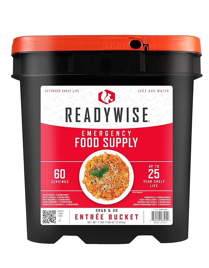 ReadyWise Entrée Bucket - 60 Servings, Emergency Food Supply for Survival Kit, Protein Meals