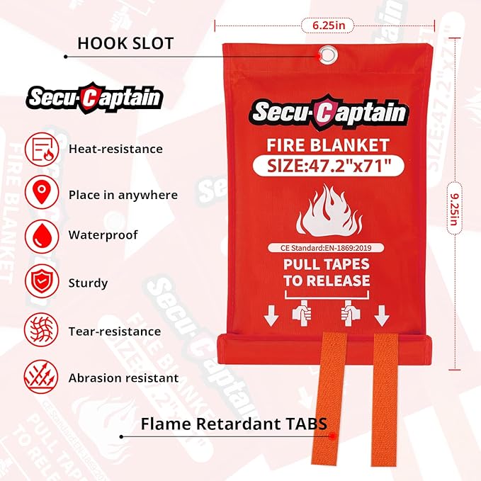 SecuCaptain Emergency Fire Blanket for Home - 47.2"x71" X-Large Flame Retardant Blankets with
