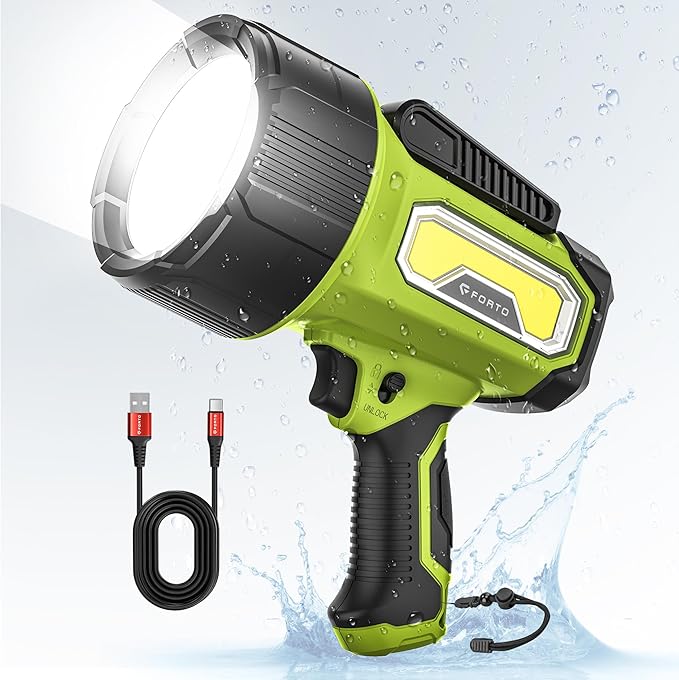 FORTO Rechargeable Spotlight Flashlight, 200000 Lumens Handheld Spotlight with Foldable Stand, 6