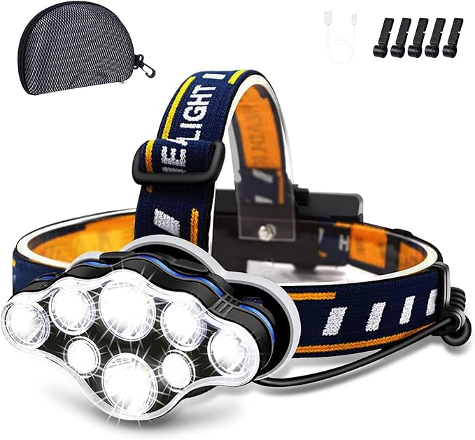 Rechargeable Headlamp, 8 LED Headlamp Flashlight 18000 Lumen 8 Modes with White Red Lights USB