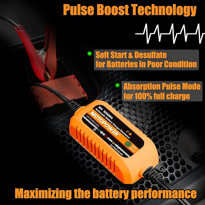 MOTOPOWER 12V 1000mA Automatic Charger - Battery Maintenance - Maintain Charger and Battery