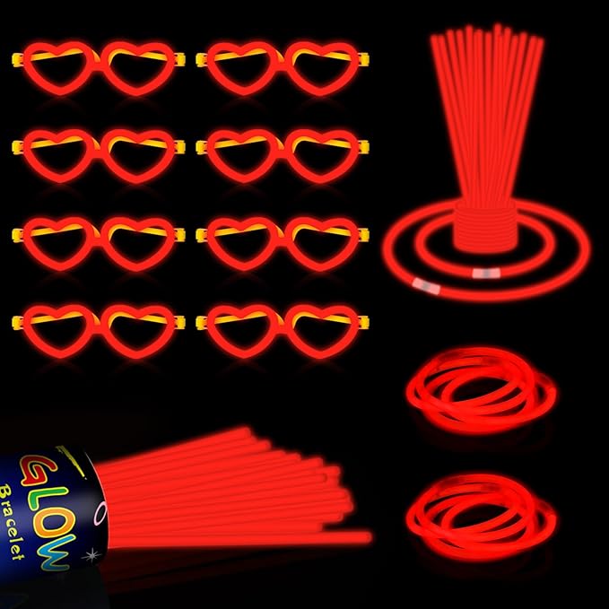 60 Pack 8??Red Glow Sticks Bulk Bright Glow Sticks with 60 Connectors 20 Heart Glasses Glow In The