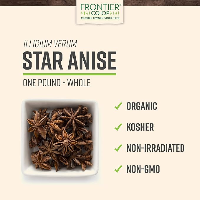 Frontier Co-op Organic Whole Star Anise 1lb - Dried Whole Star Anise Pods