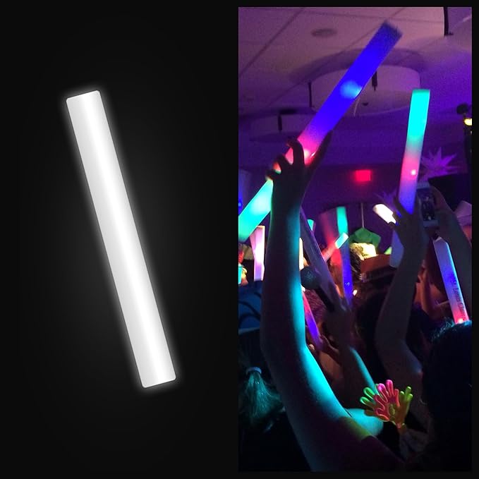 Foam Glow Sticks Bulk - 100 White Foam Light Up Sticks and LED Foam Sticks - 100 Reusable 16" Light