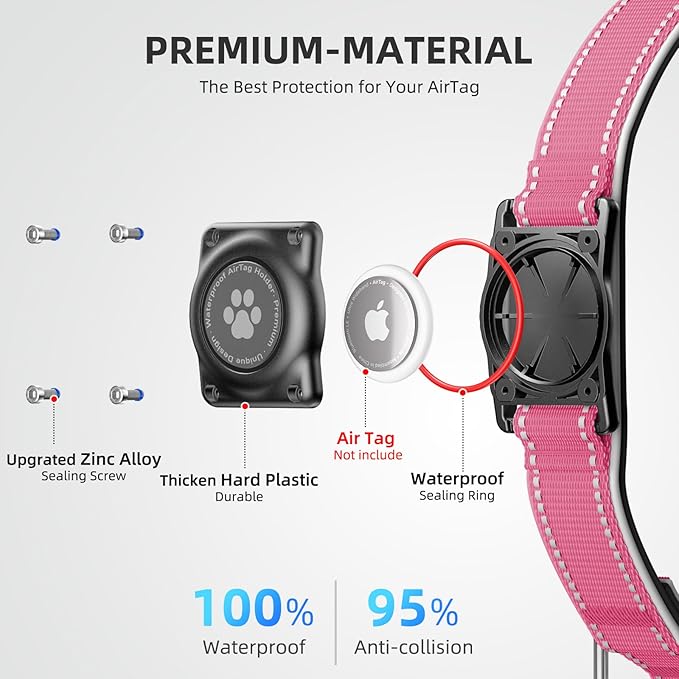 Airtag Dog Collar - 100% Waterproof Air tag Dog Collar Holder for Apple AirTag, Reflective, Soft