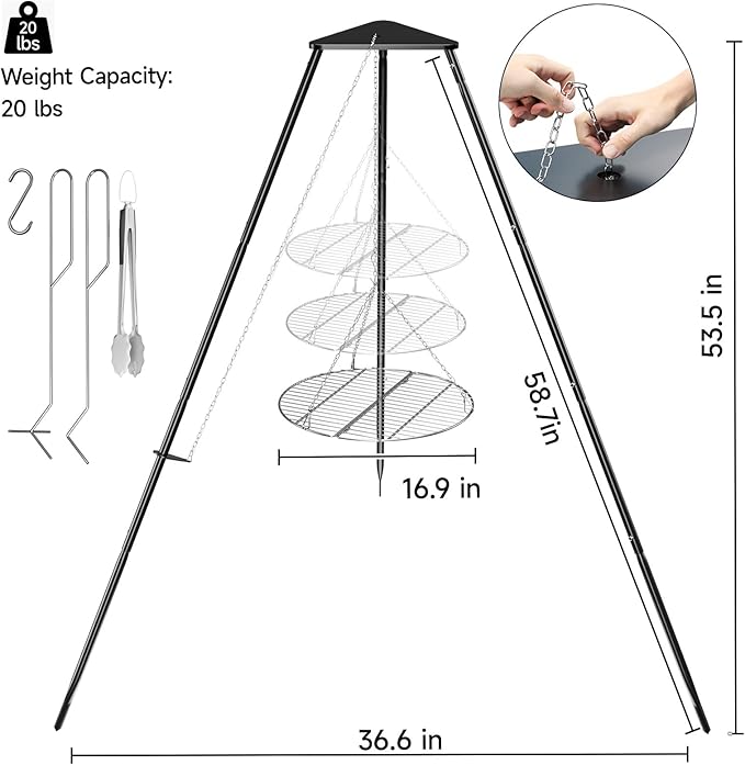 Campfire Tripod for Cooking, Campfire Cooking Equipment, Round Grill Grate with Adjustable Height