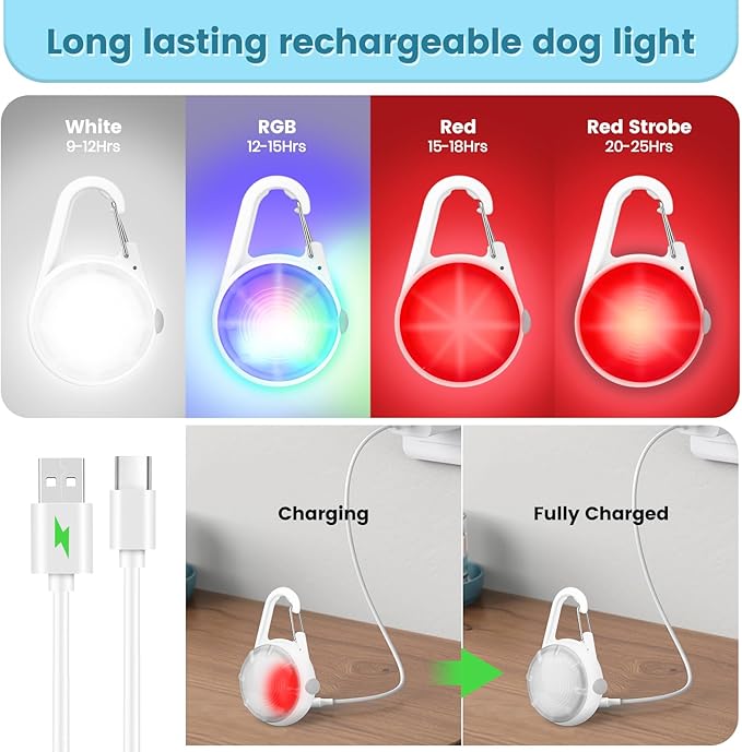 2Pack Dog Lights for Night Walking Dog Collar Light Clip on Glow in The Dark with 4Modes & RGB