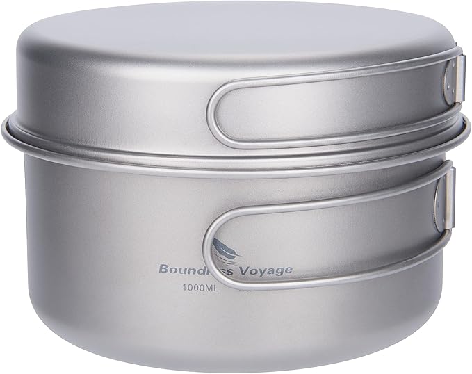 Boundless Voyage Outdoor Titanium Pot with Pan Set with Collapsible Folding Handle for Outdoor
