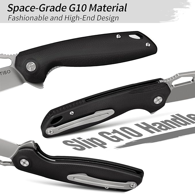 FINTISO Pocket Knife 3.38" Folding Knife Premium 14C28N Blade G10 Handle, Camping Survival Hiking