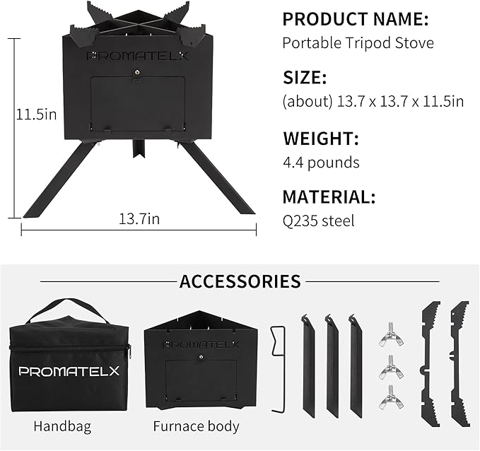 Portable Tripod Camping Stove,Wood-Burning Rocket Stove with Carry Bag, Ideal for Camping, Backyard