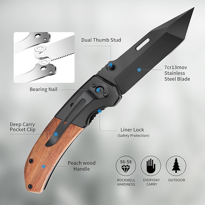 Harita Pocket Knife for Men, Folding Utility with Pocket Clip, Wood Handle EDC for Women with 3.4″