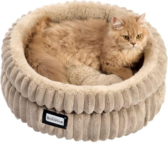 BALANCE Cat Bed Kitten Bed, Washable Round Cat Beds for Indoor Cats,Super Soft Plush Faux Fur Pet