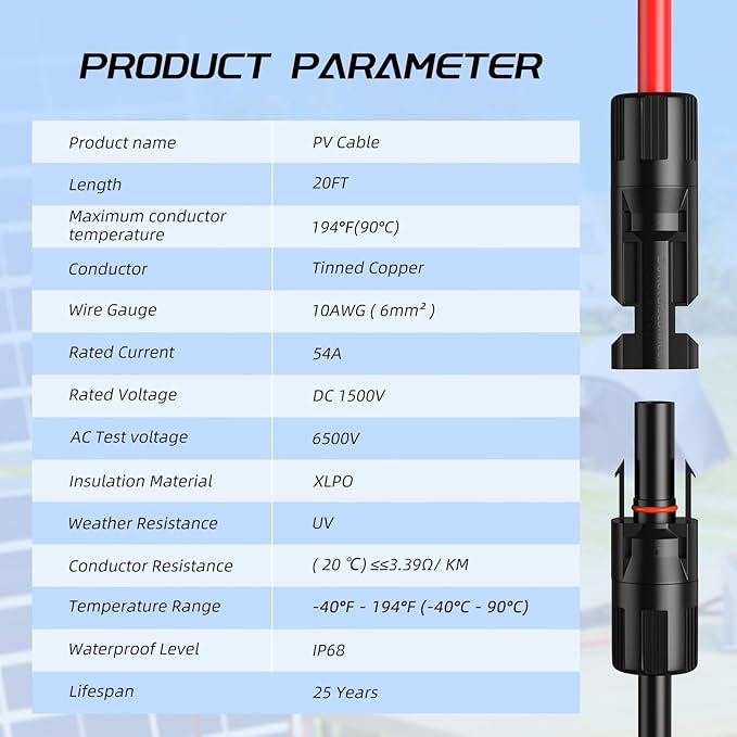 Bateria Power 20FT 10AWG Solar Panel Extension Cable, 6mm² Solar Extension Cable Wire with Female &