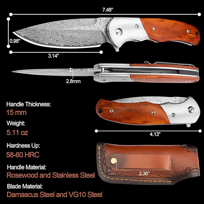 KOMWERO Damascus Pocket Knife with Clip for Men, VG10 Damascus Steel Folding Knives, EDC Damascus
