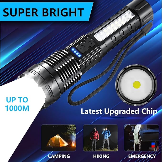 Rechargeable LED Flashlights, 90,000 Lumens Super Bright Handheld Flashlight, 7 Modes with COB Work