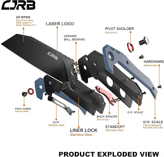 CJRB Tigris Tactical Knife, Pocket Knife with AR-RPM9 Powder Steel Black PVD Blade Black & Blue G10
