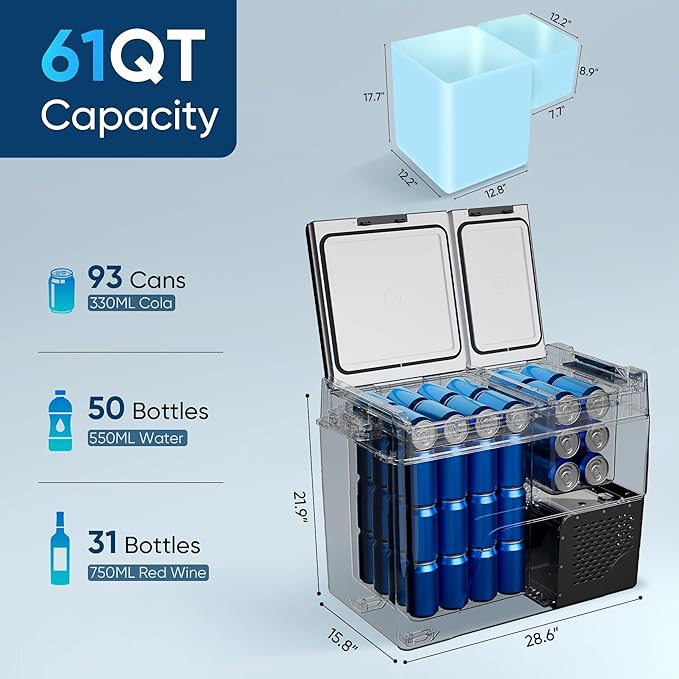 12 Volt Refrigerator Car Fridge - 61QT(58L) Dual Zone Electric Cooler, Car Refrigerator -4℉~68℉