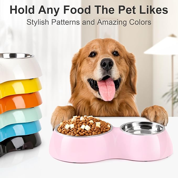 Double Dog Bowls Set ??Non-Slip Pet Food & Water Dishes with Resin Stand, Includes Small (1 Cup) &