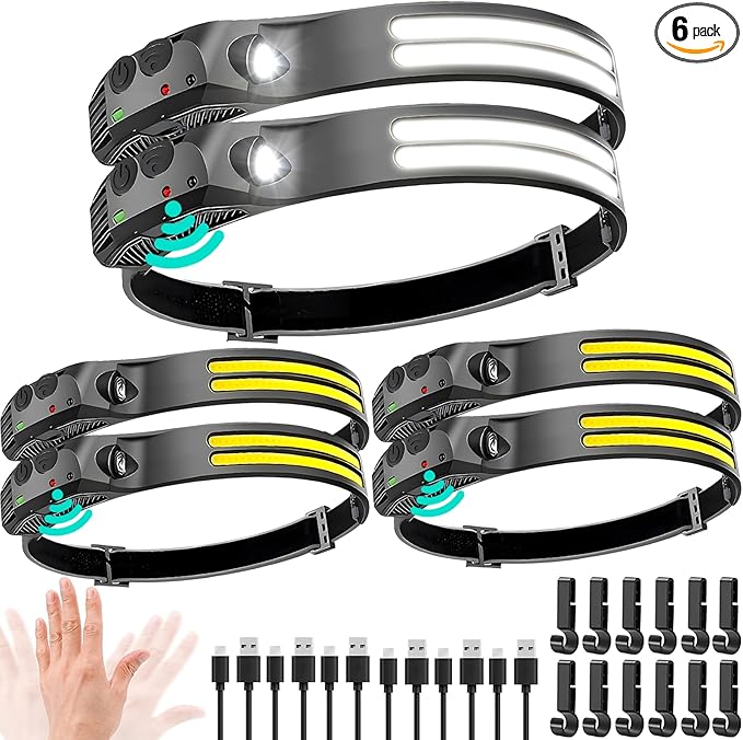 LED Headlamp Rechargeable 6PCS - 230° COB Super Bright Head Lights for Forehead, Hard hat Light for