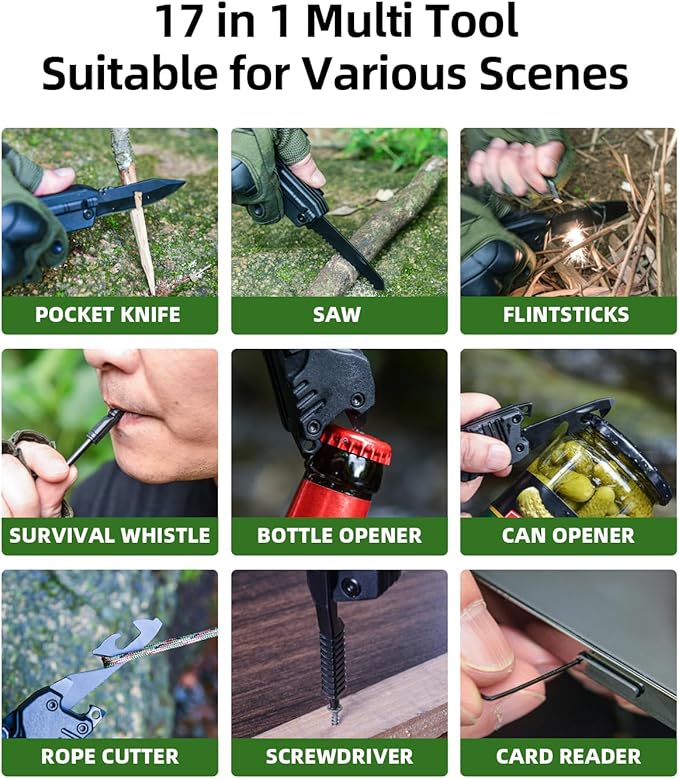 Multitool Knife 17 in 1Fire Starting Sticks, Bottle Opener, Saw Screwdrivers Bottle Opener