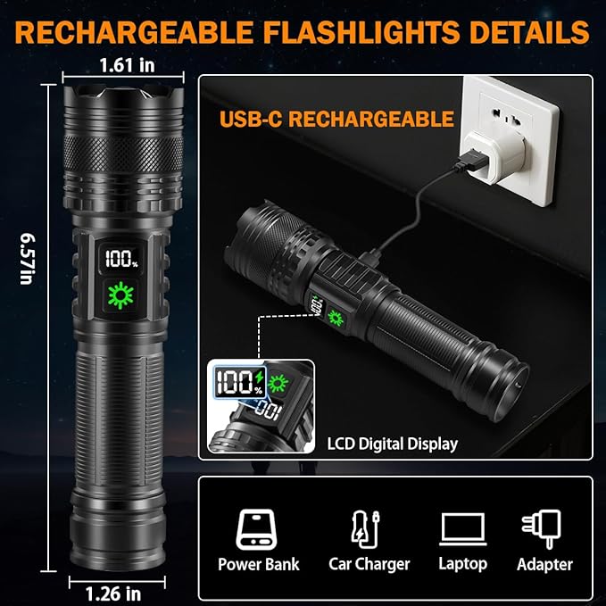 3Pack Rechargeable Flashlights High Lumens 9900FL, LED Flashlight Rechargeable with LCD Digital