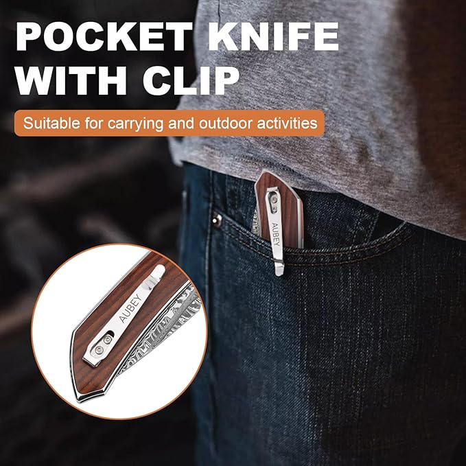 AUBEY Damascus Pocket Knife with Clip, Damascus Steel Blade Folding Knives with Ball Bearing, EDC