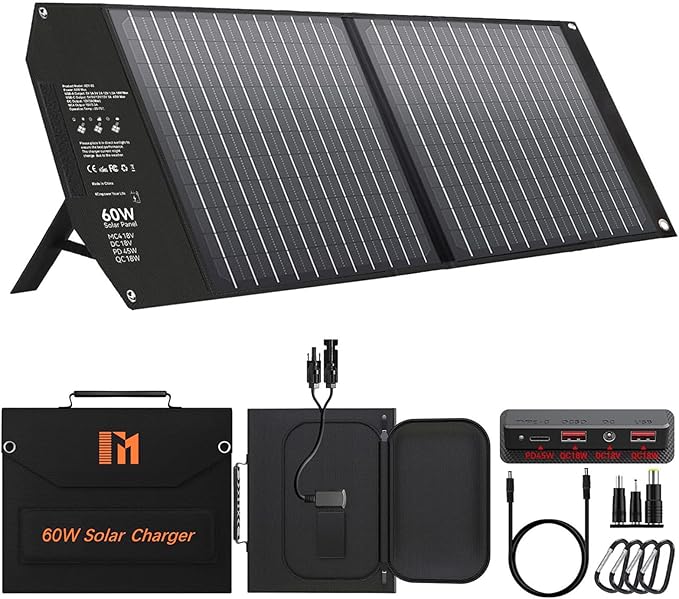 60W Portable Foldable Solar Panels Chargers with PD3.0 PD45W USB-C QC3.0 USB-A 18V DC MC4 Outputs