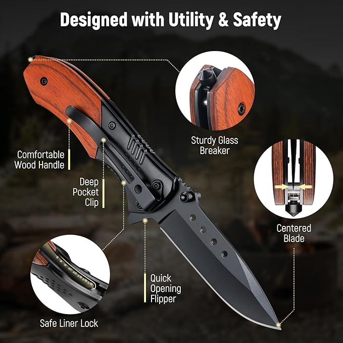 Pocket Knife for Men - 2.98" Sharp Blade Wood Handle Pocket Folding Knives with Clip, Glass Breaker