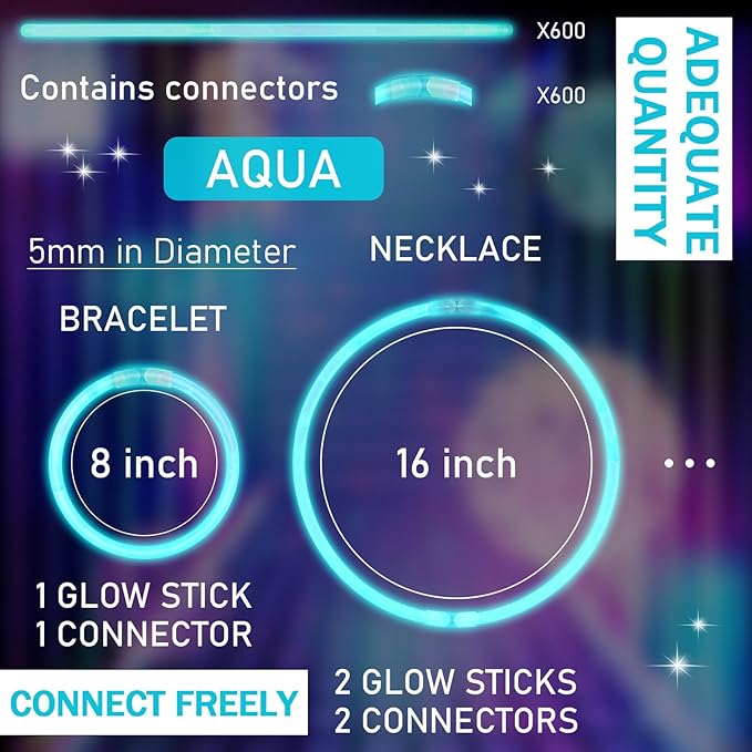 Hanaive 300 Pcs Glow Sticks Bulk 8 Inch Glow in The Dark Party Favors Neon Bracelets and Necklaces