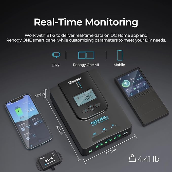 Renogy Solar Charge Controller (Bluetooth) - Rover 40A 12V24V Auto Parameter DC Input MPPT Charge
