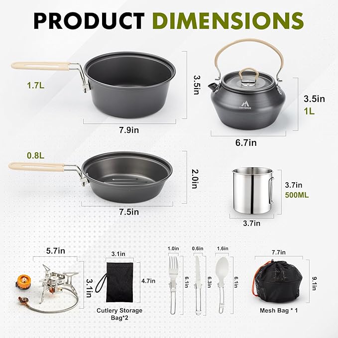 17pcs Camping Cookware Kit, 0.45Gal Pot, 7inches Pan,0.30Gal Kettle Set with 2 Set Stainless Steel