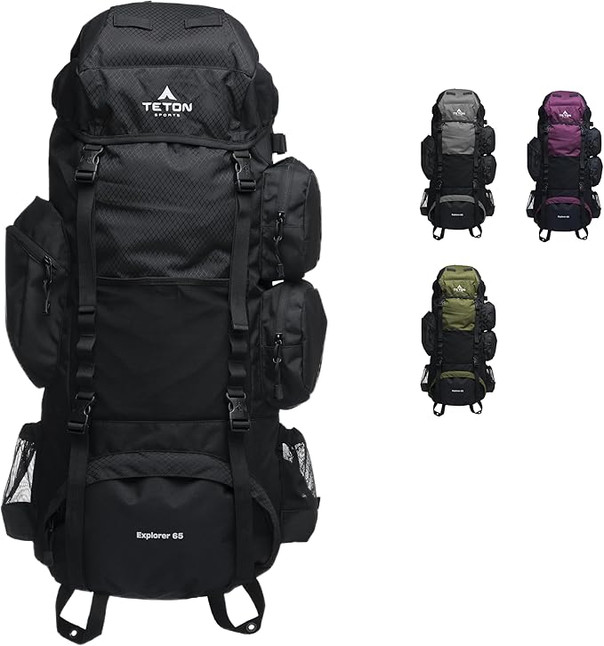 Teton 65L Explorer Internal Frame Backpack for Hiking, Camping, Backpacking, Rain Cover Included