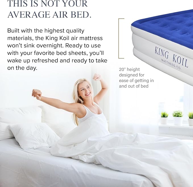 King Koil Luxury Queen Air Mattress with Built-in Pillow & Ultra-Fast Built-in High-Speed Pump