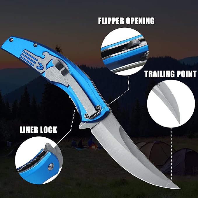 Tactical Folding Knife with upswept 440C High Carbon Stainless Steel Blade, Blue Aluminum Handle