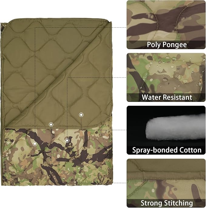 Poncho Liner Military Outdoor Camping Blanket for Travel, Beach, Grass, Picnic, Car Emergency
