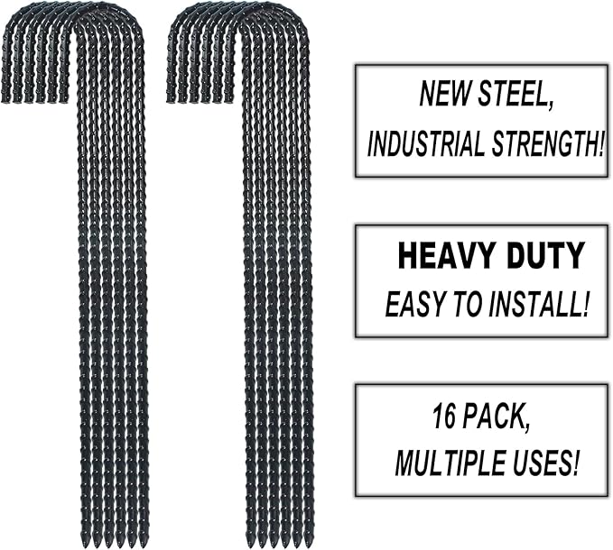 16 Inch Ground Rebar Stakes, J Hook Extra Heavy Duty Rust Proof Coated Steel Ground Anchors with