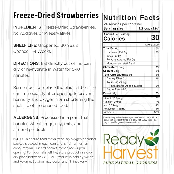 Ready Harvest Freeze Dried Strawberries - Full Can 24 Servings, 9 oz - 100% Natural, Healthy