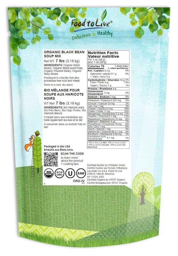 Food to Live Organic Black Bean Soup Mix, 7 Pounds - Contains Non-GMO Black Beans, Black-eyed Peas