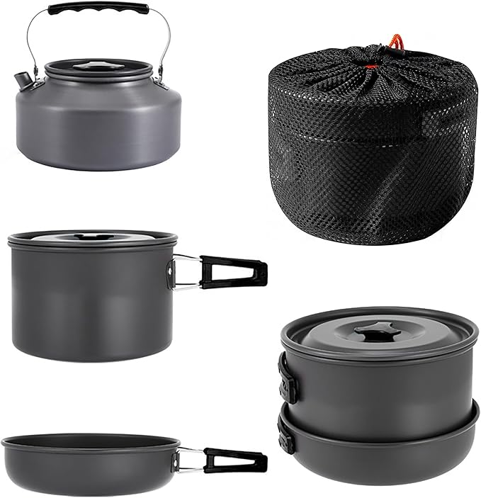 aiGear 3pcs Camping Cookware Mess Kit, Non-Stick Camping Pan Pot Kettle, Lightweight Aluminum
