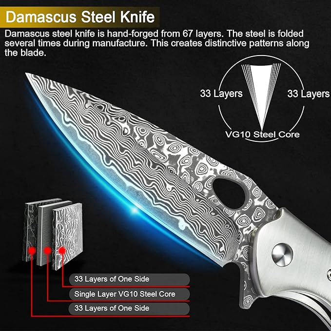 KOMWERO Damascus Pocket Knife for Men, VG10 Core Damascus Steel Folding Knife with Wood Handle