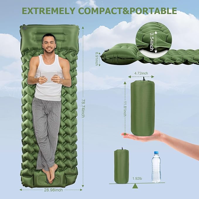 Sleeping Pad for Camping, Ultralight Inflatable Sleeping Mat with Pillow Built in Foot Pump