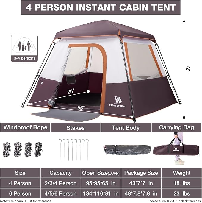 Camping Tents 4/6 Person Pop Up Instant Tent - Setup in 60s for Family Camping, Windproof Design