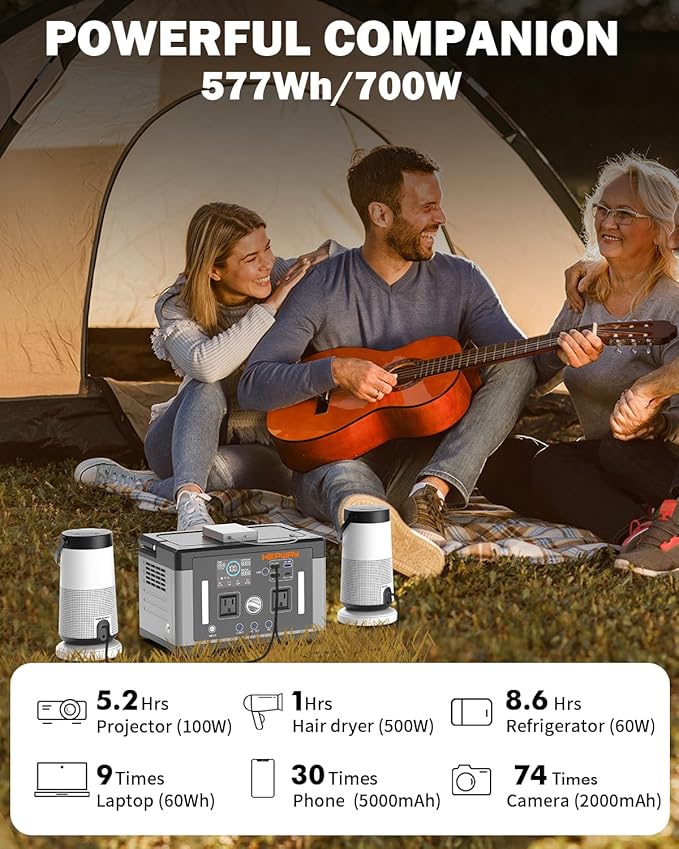 Portable Power Station 700W,577Wh Solar Generator Surge 1000W Pure Sine Wave 120V AC DC