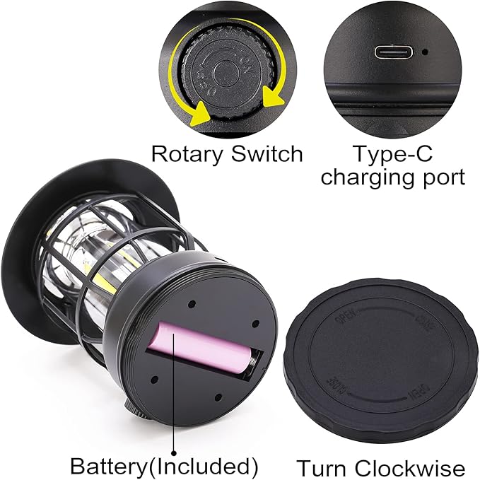 LED Camping Lanterns Rechargeable Portable, Vintage Style Tabletop Lantern, Stepless Dimming