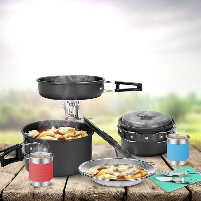 Odoland 15pcs Camping Cookware Mess Kit, Non-Stick Lightweight Pots Pan Set with Stainless Steel