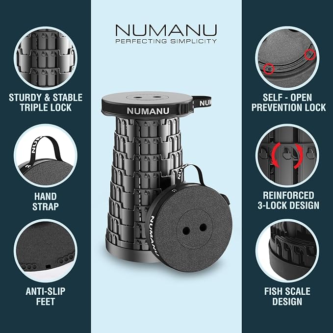 NUMANU 2025 Upgraded Collapsible Stool, Max 620lb, Height Adjustable Retractable Telescopic Seat