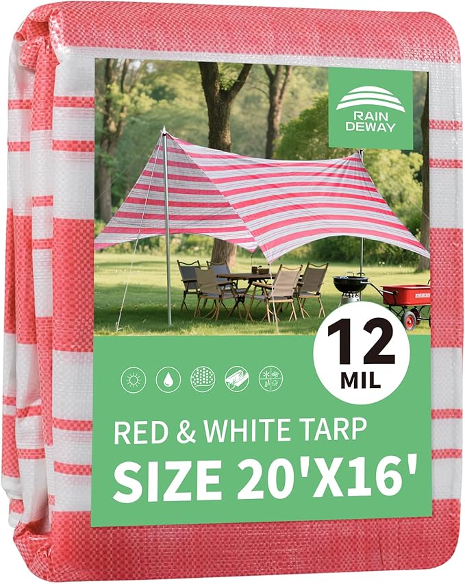 RAINDEWAY Tarps 16x20 Feet,12 Mil Sunshade Striped Tarp Waterproof,Multipurpose Poly Tarp Cover