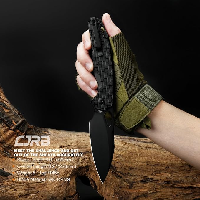CJRB Frack Pocket Knife, 3.9" AR-RPM9 Steel Blade PVD Coating Frag Pattern Steel Handle EDC Knife
