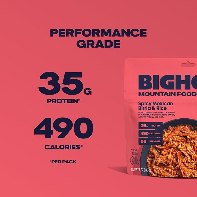 BIGHORN Mountain Food Spicy Mexican Birria and Rice - contains 4 packs | 8 servings | 140g Protein